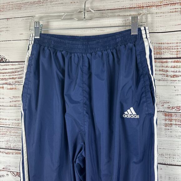 Mens Y2K Adidas Navy White Stripe Nylon Track Pants Break Away Snap Button Sz L - Picture 1 of 9